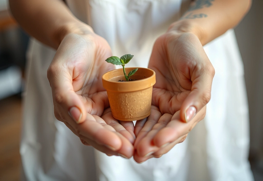 Mani che tengono una piccola pianta in un vaso biodegradabile