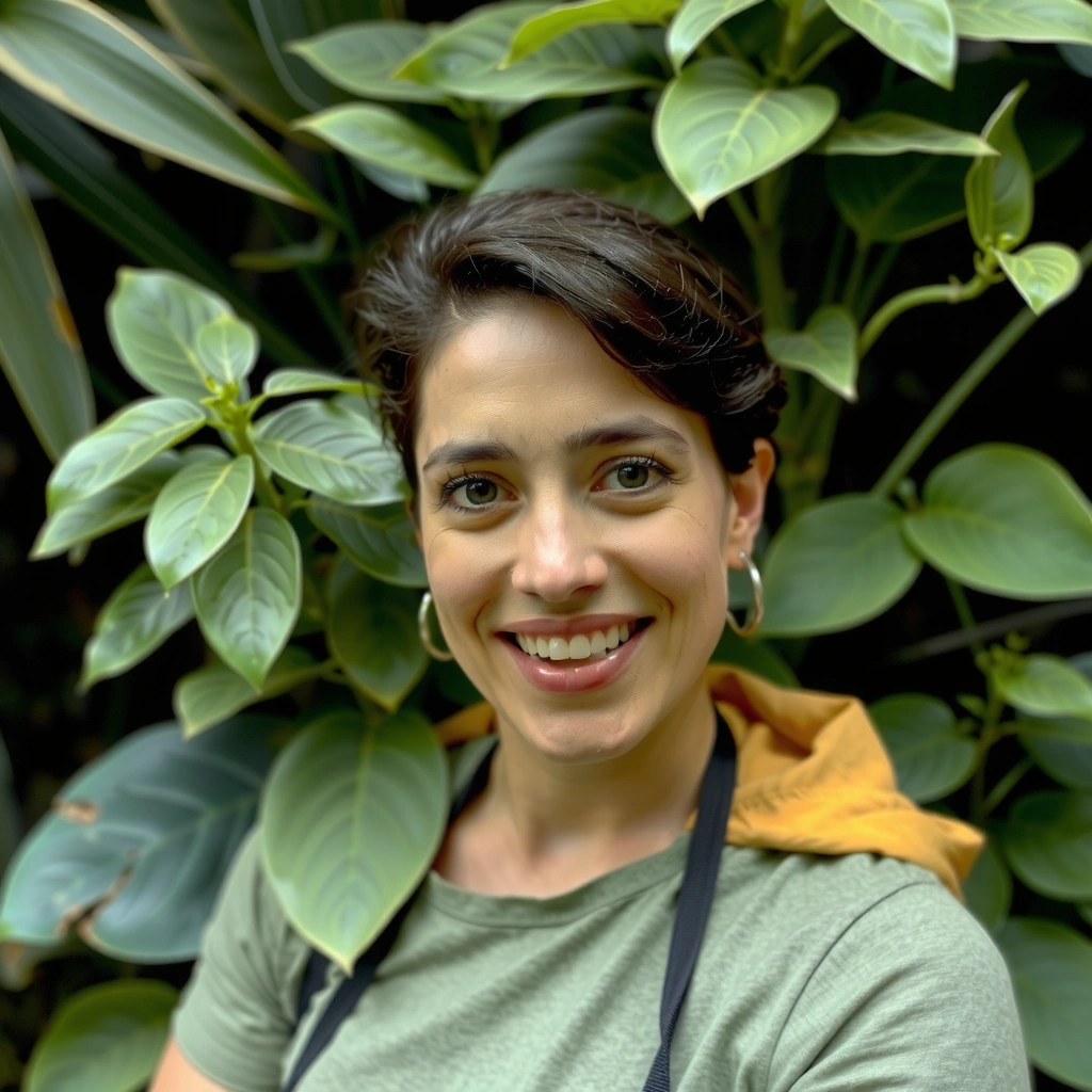 Ritratto allegro di un responsabile della sostenibilità circondato da piante.