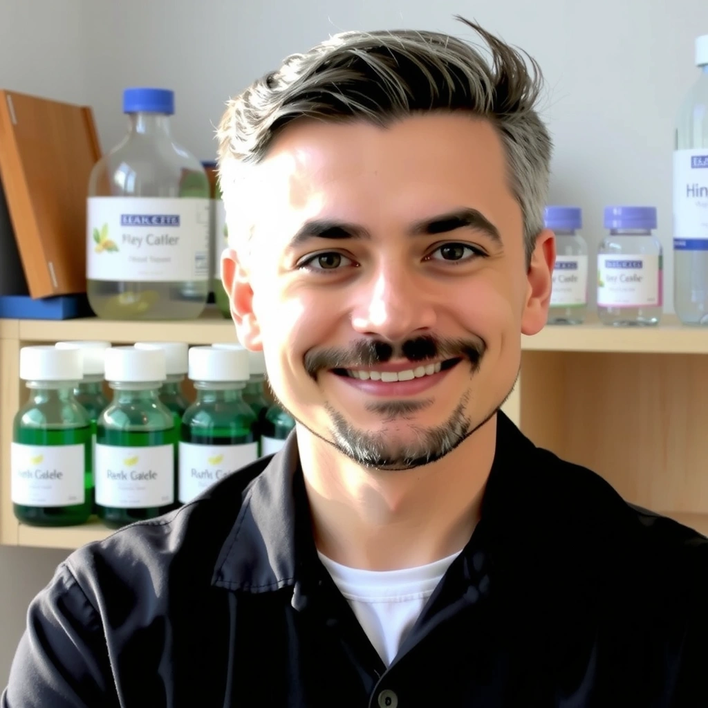 Ritratto sorridente di un esperto erborista in un ambiente naturale.