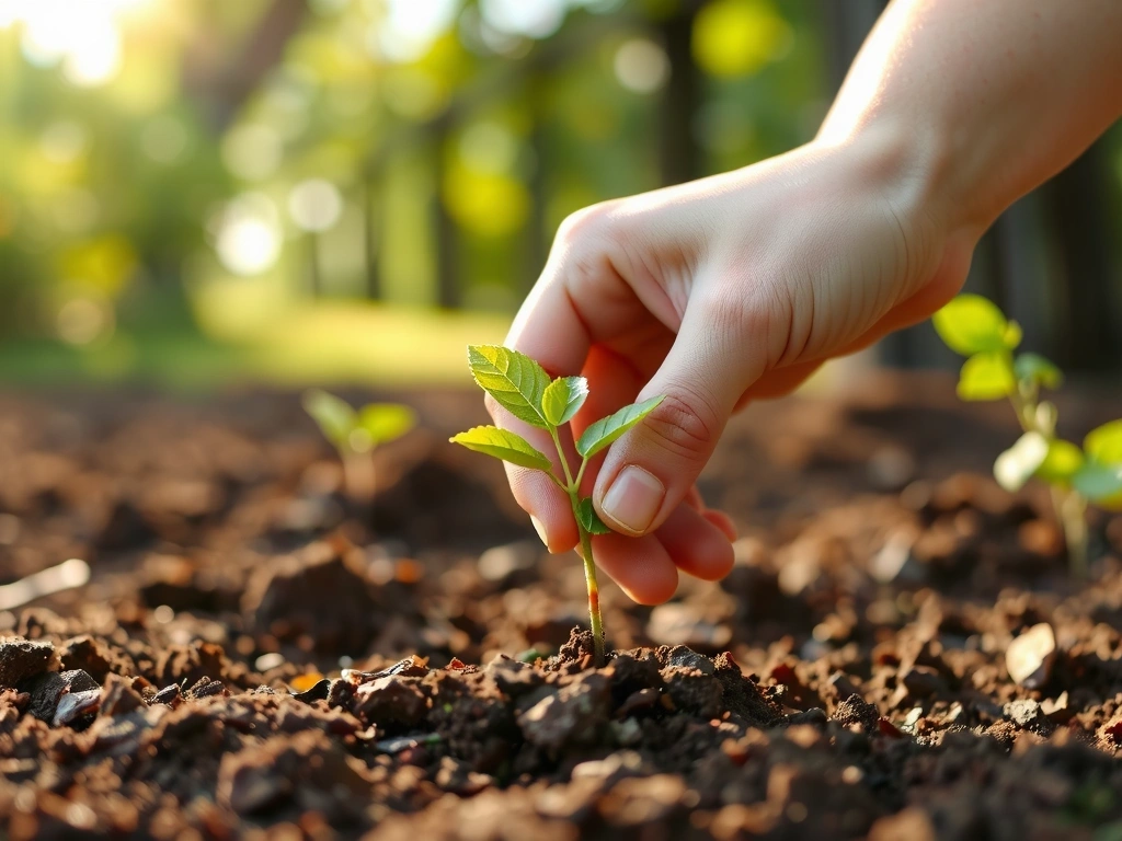 Una mano che pianta un piccolo albero in un terreno fertile, simbolo di crescita e impegno per il futuro.