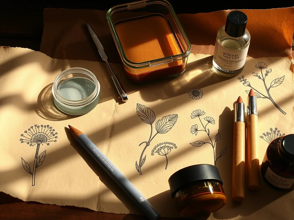 Una vecchia pergamena con disegni botanici e strumenti da laboratorio, che simboleggia l'origine e l'innovazione.