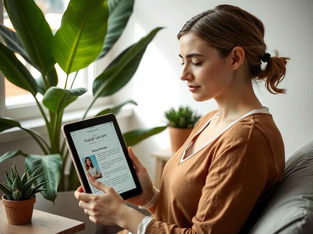 Donna che legge un blog post sulla cura della pelle