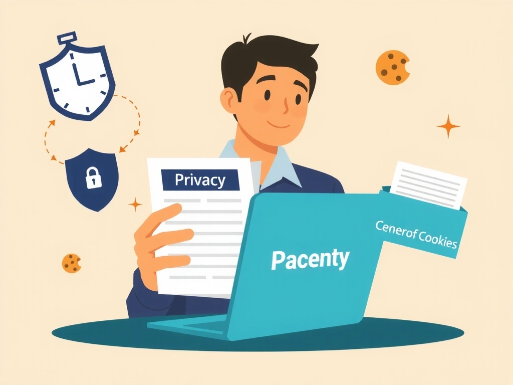 Illustrazione di una persona che legge un documento sulla privacy e la sicurezza dei dati su un computer portatile, con icone di lucchetto e cookie che fluttuano intorno.