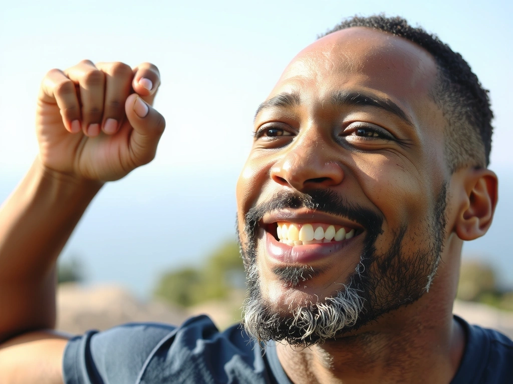 Ritratto di un uomo energico e sorridente in un ambiente naturale, con una pelle sana e luminosa, simbolo di vitalità maschile.