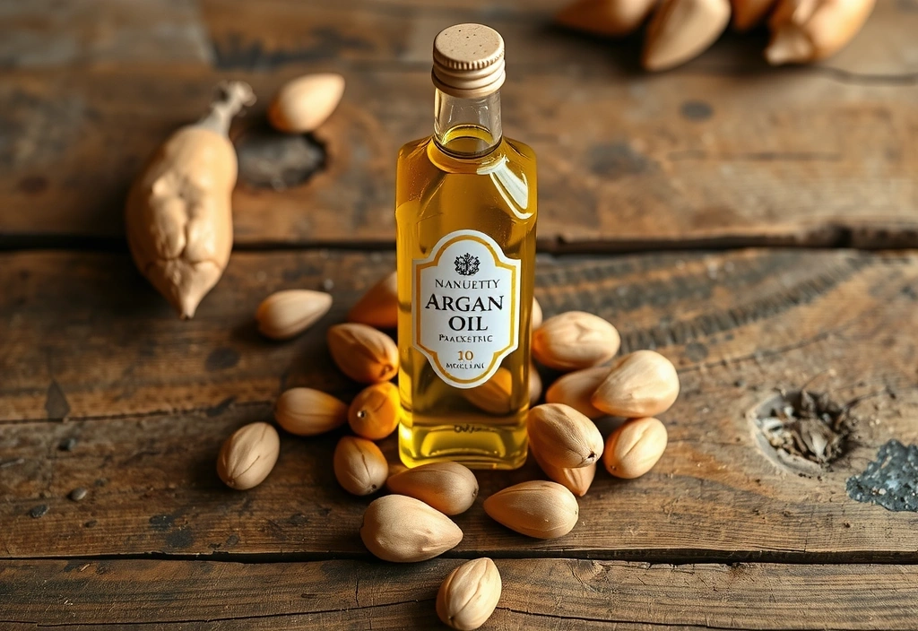 Bottiglia di olio di Argan dorato su un tavolo di legno rustico, con noci di Argan sparse intorno.