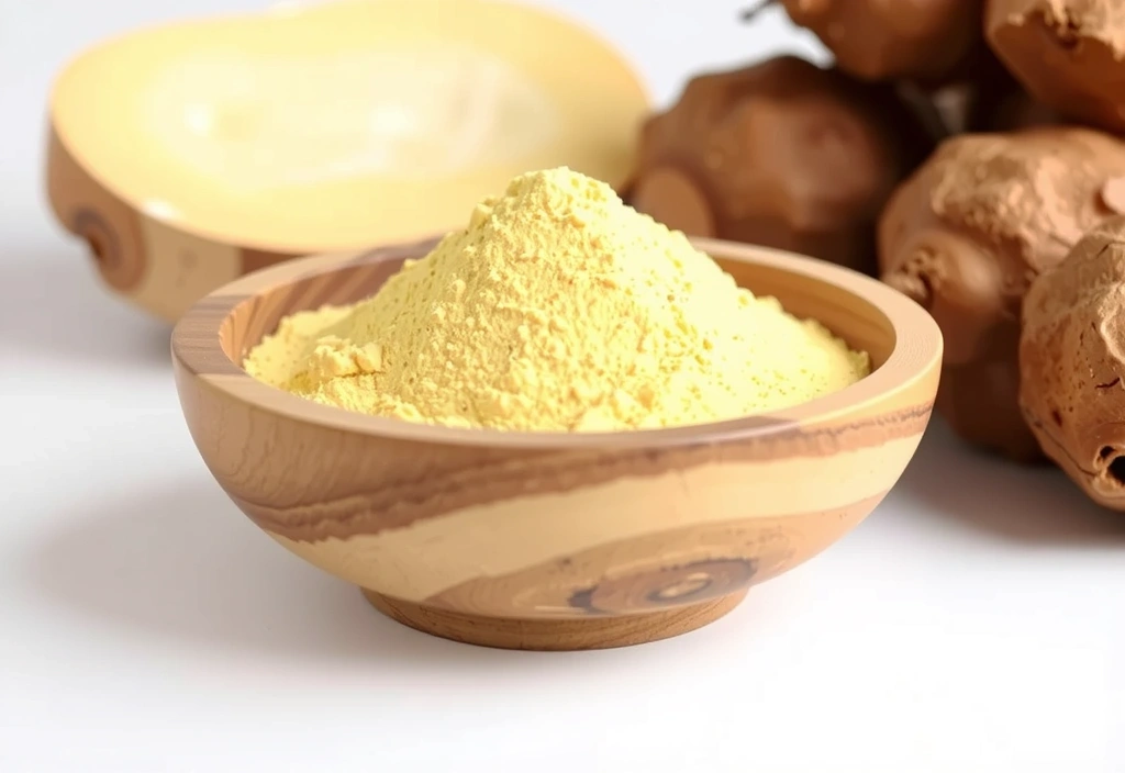 Polvere di Maca gialla in una ciotola di legno, con radici di Maca fresche sullo sfondo sfocato.