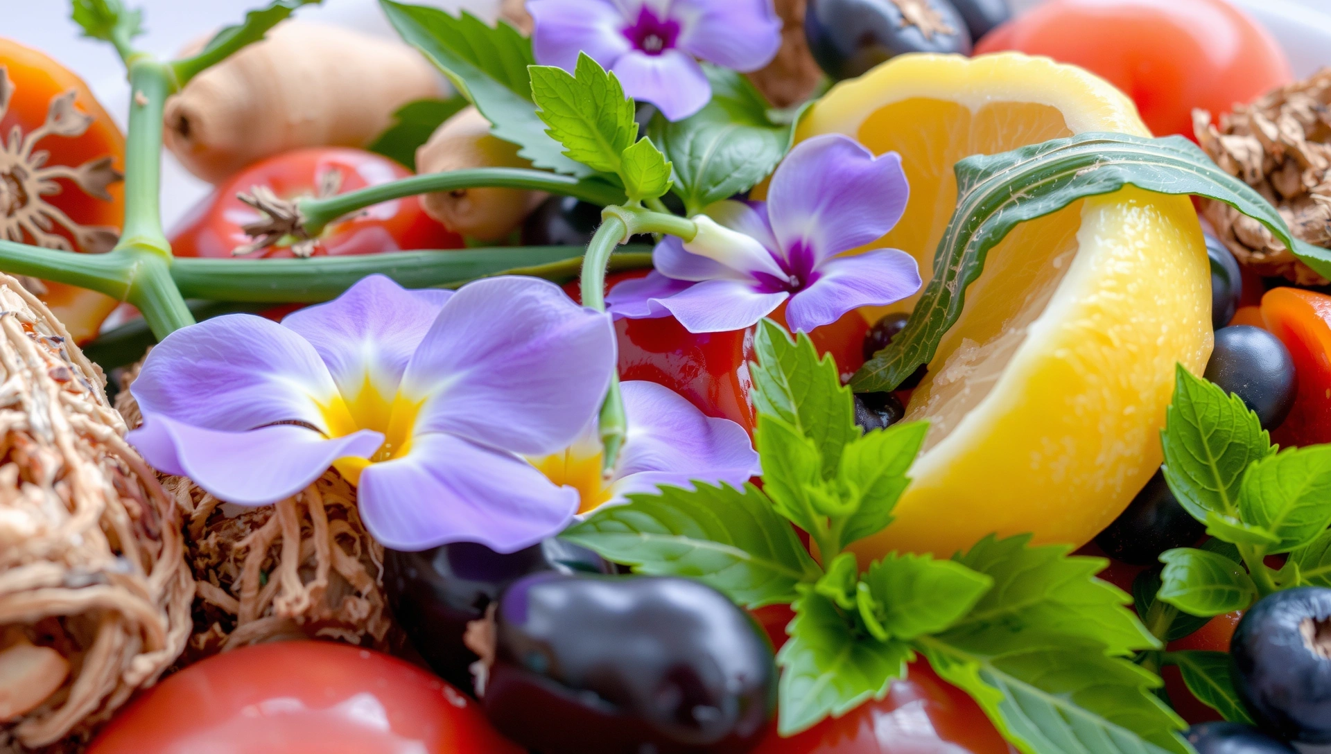 Primo piano di ingredienti naturali assortiti come erbe, fiori e frutti, disposti artisticamente per mostrare la loro bellezza intrinseca e freschezza.