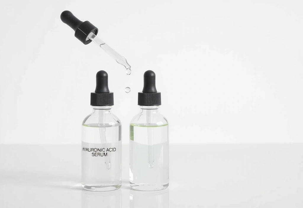 Siero trasparente con pipette contagocce, che simboleggia l'Acido Ialuronico, su uno sfondo scientifico e pulito.