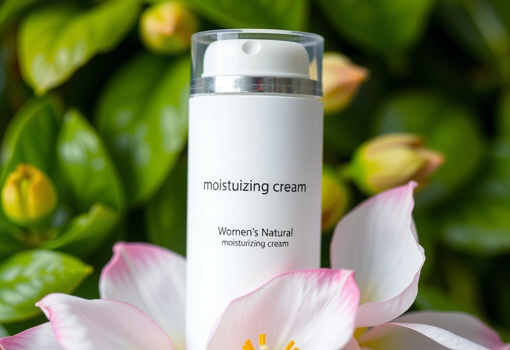 Flacone di crema idratante della linea donna con petali di fiori
