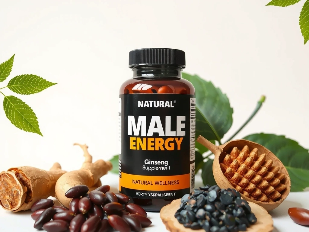 Primo piano di un integratore naturale per uomo con ingredienti erboristici in un ambiente pulito e moderno