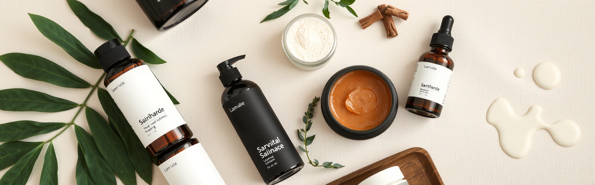 Panoramica di prodotti naturali per la cura della pelle e del corpo, presentati con foglie verdi e elementi in legno su sfondo neutro e morbida illuminazione.