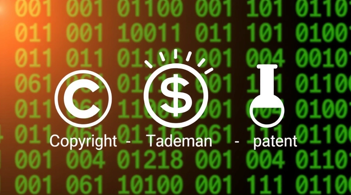 Icone stilizzate che rappresentano copyright, marchio registrato e brevetto, su uno sfondo sfocato di codice binario.