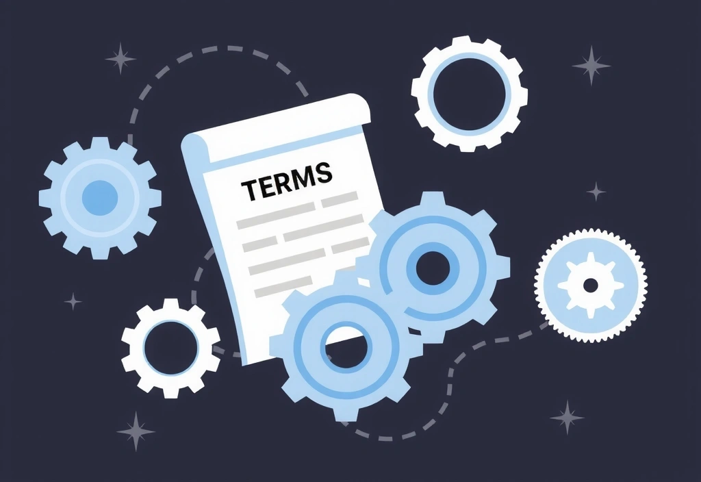 Illustrazione astratta di ingranaggi e documenti legali, rappresentante la complessità e la struttura dei termini di servizio.