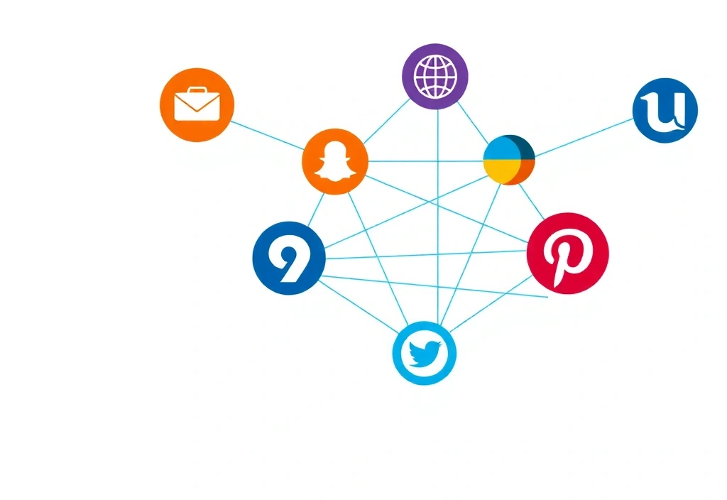 Ragnatela stilizzata di connessioni digitali che si estendono tra diverse icone di siti web, rappresentante link di terze parti e interconnessioni.