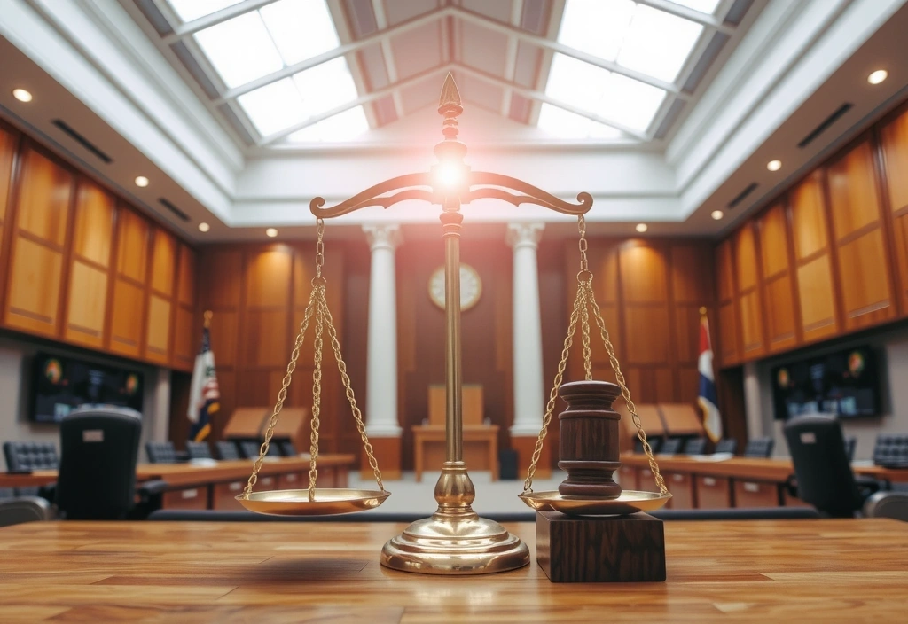 Simbolo della giustizia con una bilancia e un martelletto, su uno sfondo sfocato di un tribunale moderno.